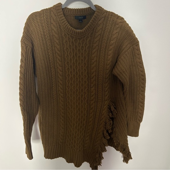 J. Crew Fisherman Cable Knit Merino Wool Blend Olive Sweater Fringe Small - Picture 1 of 7